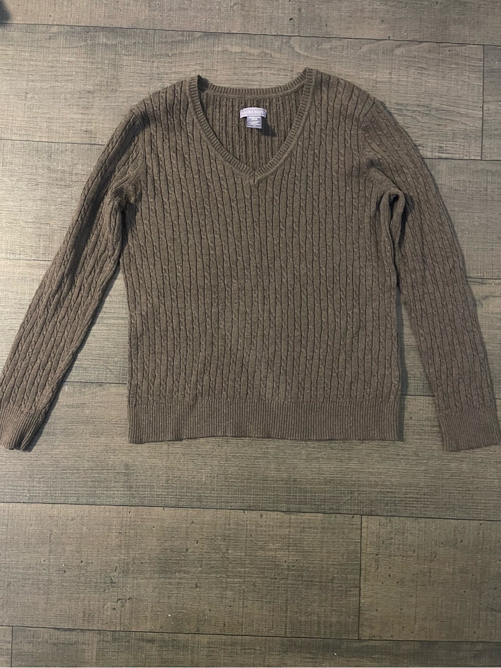 Laura Scott Brown V-Neck Cable Knit Cotton Blend Sweater Large